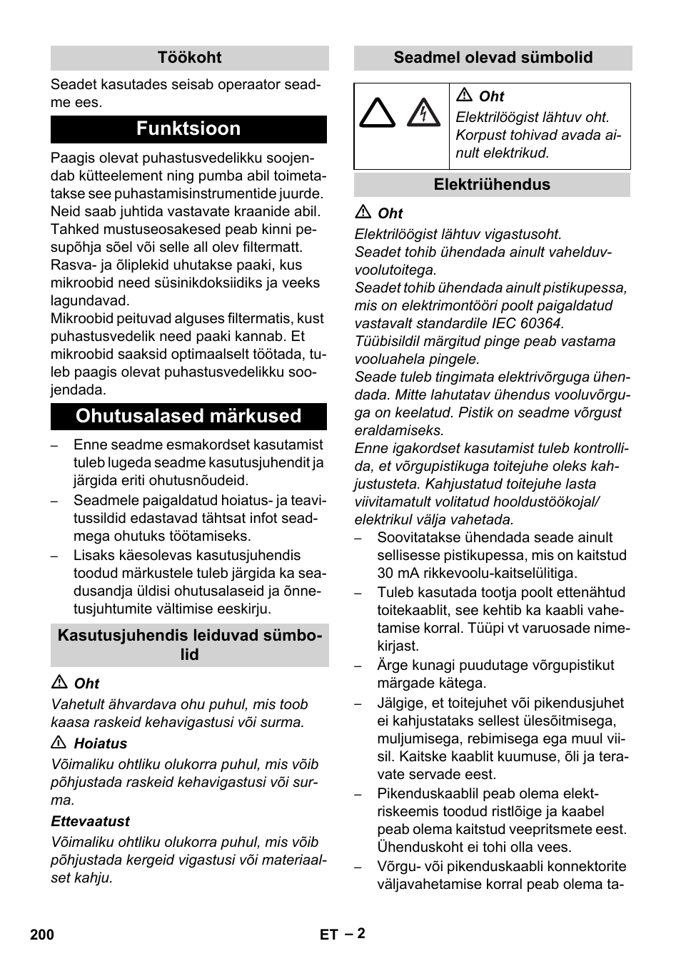 Funktsioon ohutusalased märkused | Karcher PC 100 M2 BIO User Manual | Page 200 / 232