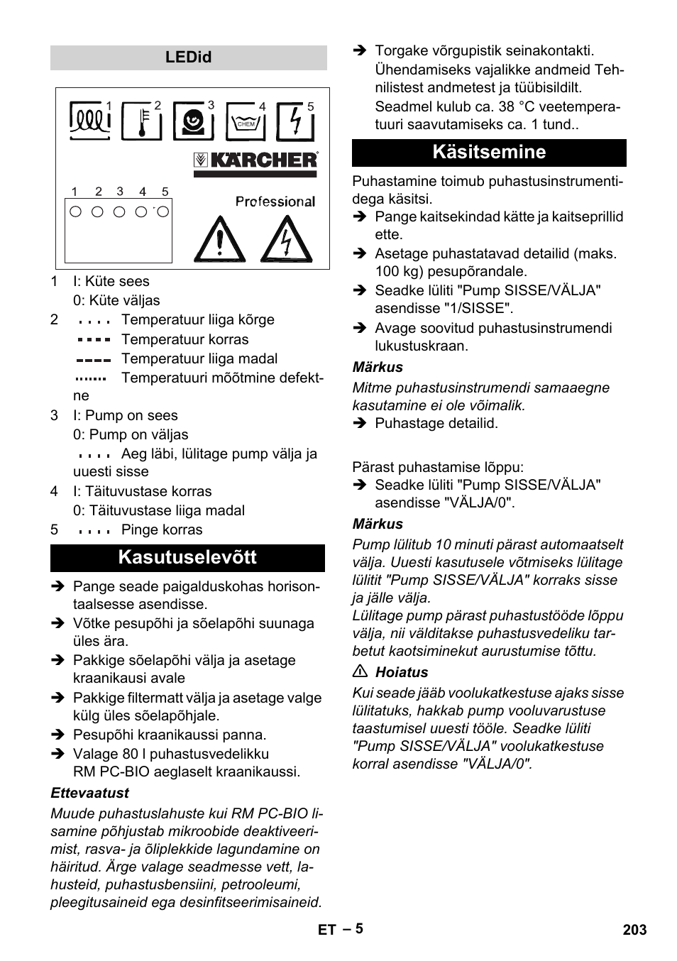 Kasutuselevõtt käsitsemine | Karcher PC 100 M2 BIO User Manual | Page 203 / 232