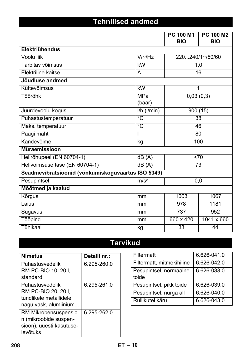 Tehnilised andmed, Tarvikud | Karcher PC 100 M2 BIO User Manual | Page 208 / 232