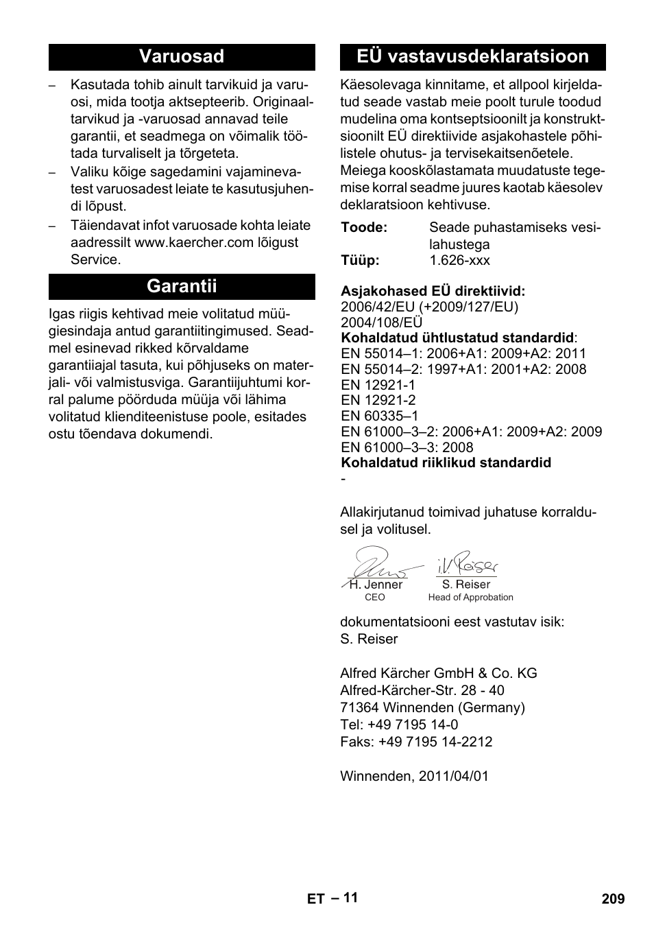 Varuosad garantii eü vastavusdeklaratsioon | Karcher PC 100 M2 BIO User Manual | Page 209 / 232