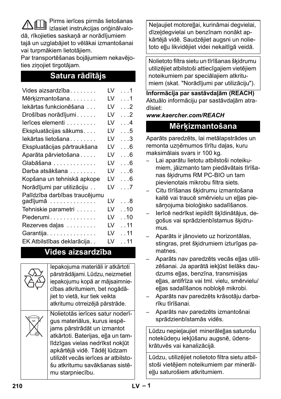 Latviešu, Satura rādītājs, Vides aizsardzība | Mērķizmantošana | Karcher PC 100 M2 BIO User Manual | Page 210 / 232