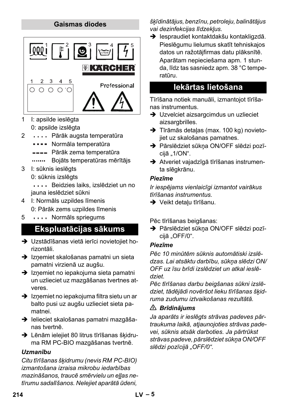 Ekspluatācijas sākums iekārtas lietošana | Karcher PC 100 M2 BIO User Manual | Page 214 / 232