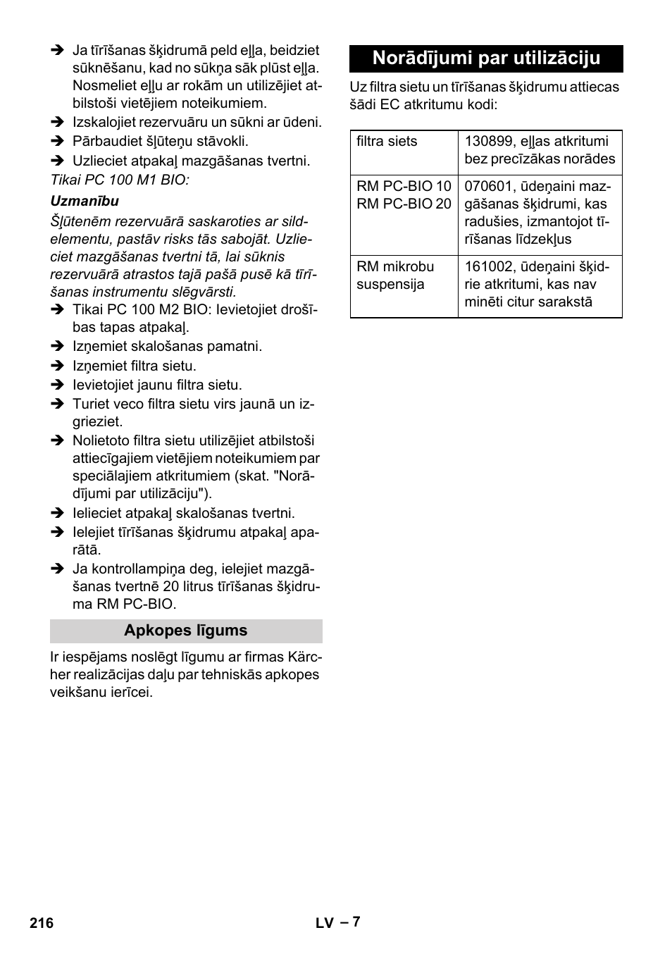 Norādījumi par utilizāciju | Karcher PC 100 M2 BIO User Manual | Page 216 / 232