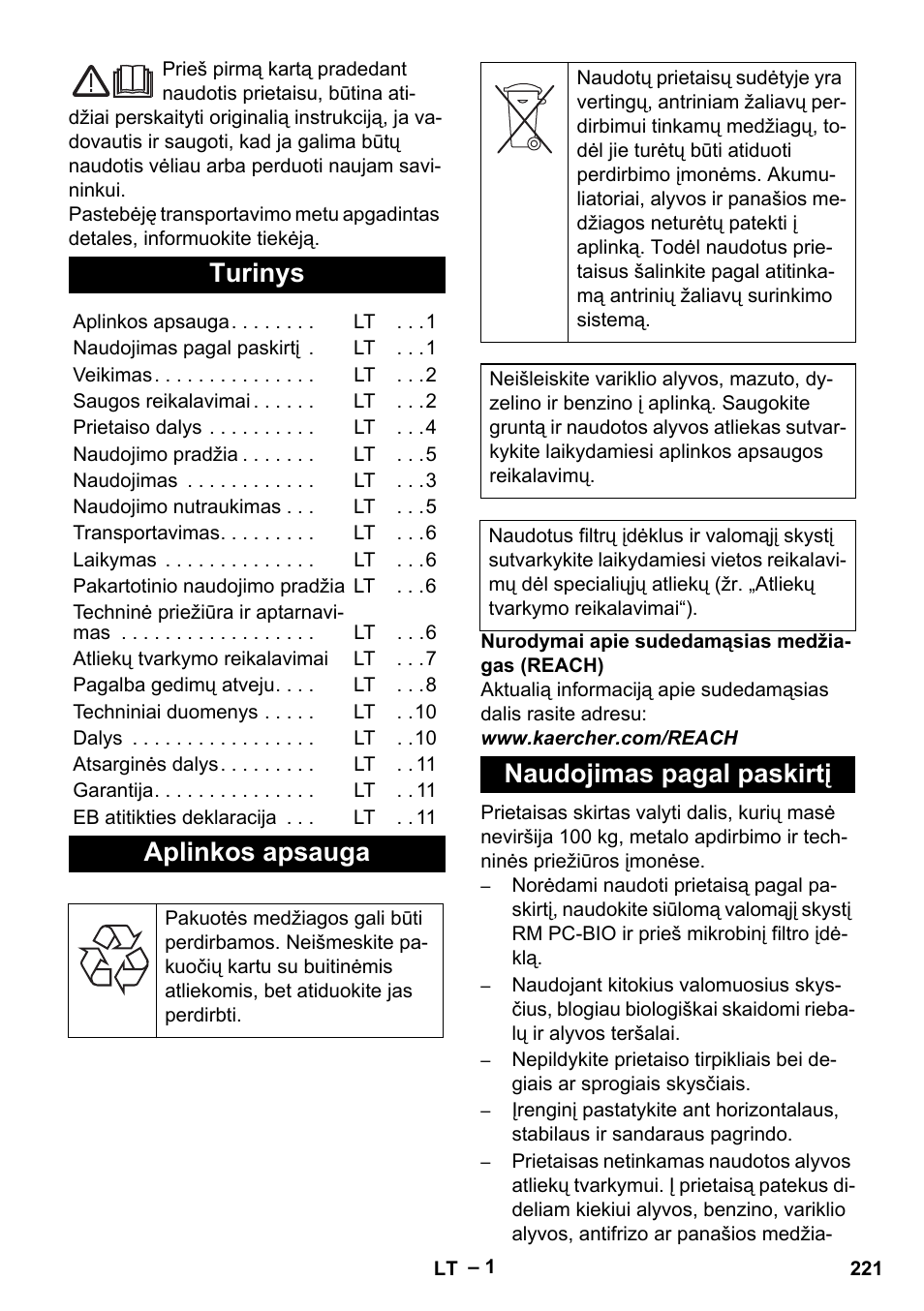 Lietuviškai, Turinys, Aplinkos apsauga | Naudojimas pagal paskirtį | Karcher PC 100 M2 BIO User Manual | Page 221 / 232