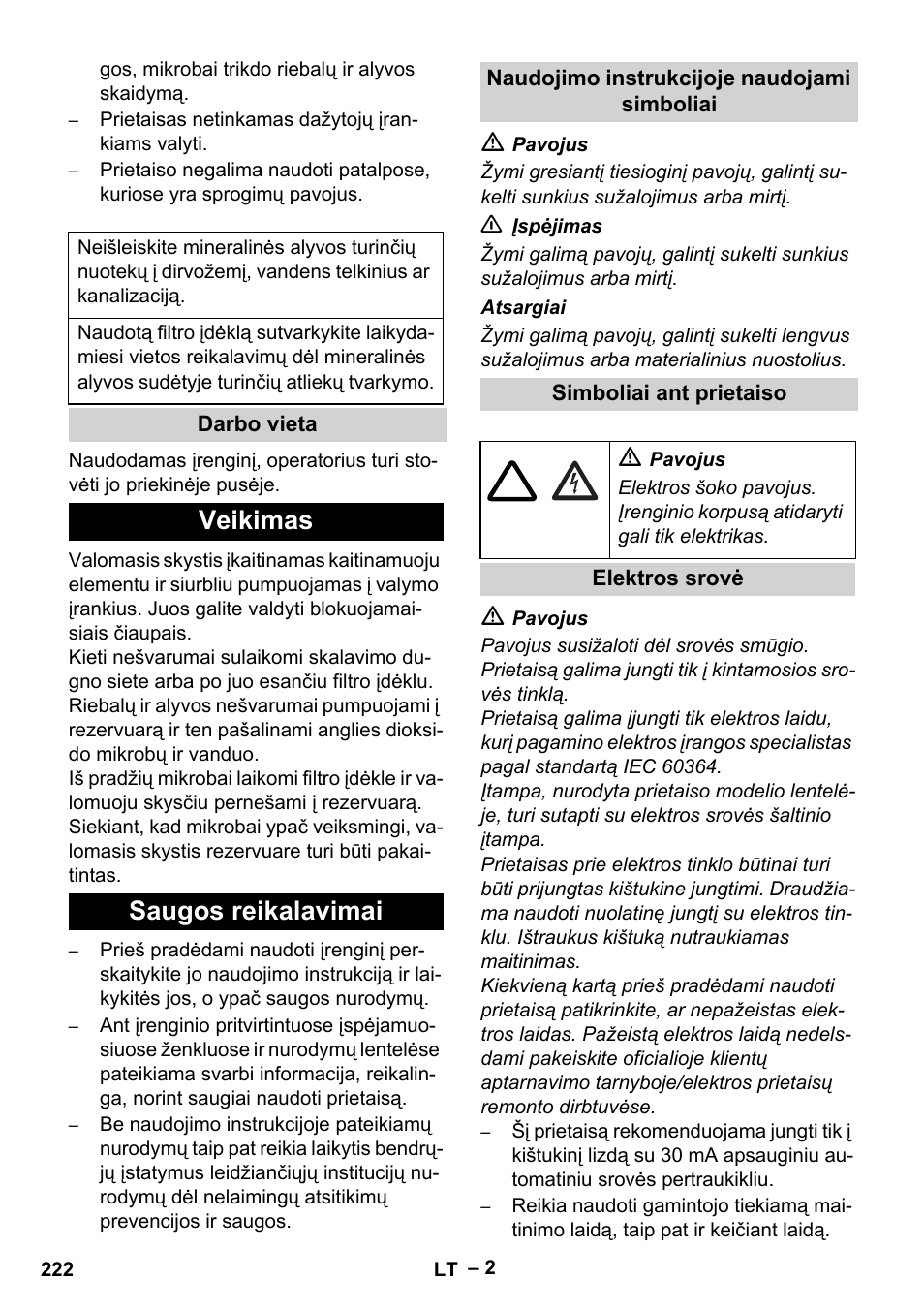 Veikimas saugos reikalavimai | Karcher PC 100 M2 BIO User Manual | Page 222 / 232