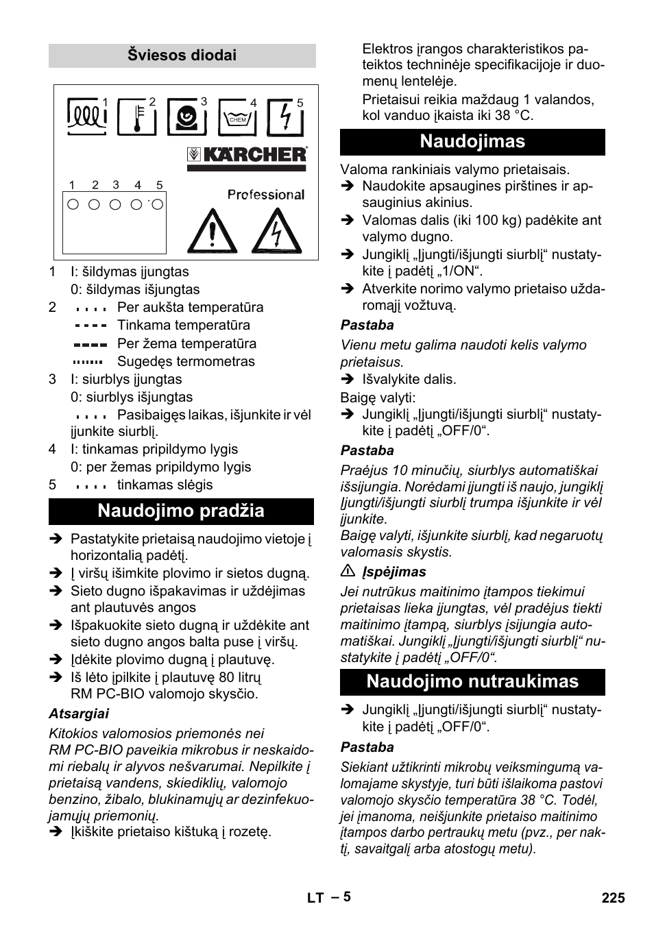 Naudojimo pradžia naudojimas naudojimo nutraukimas | Karcher PC 100 M2 BIO User Manual | Page 225 / 232