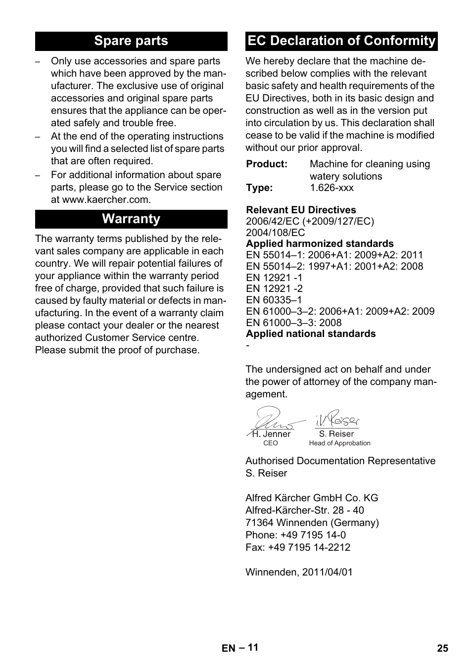 Spare parts warranty ec declaration of conformity | Karcher PC 100 M2 BIO User Manual | Page 25 / 232