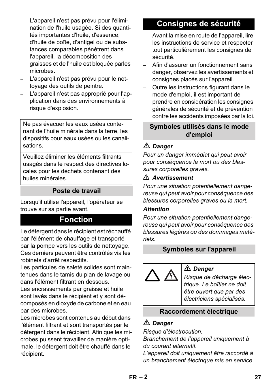 Fonction consignes de sécurité | Karcher PC 100 M2 BIO User Manual | Page 27 / 232