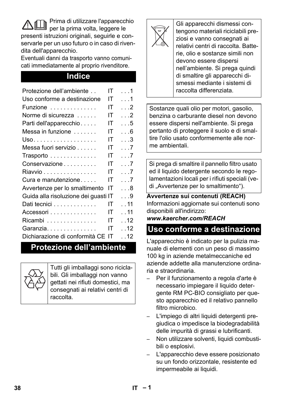 Italiano, Indice, Protezione dell’ambiente | Uso conforme a destinazione | Karcher PC 100 M2 BIO User Manual | Page 38 / 232