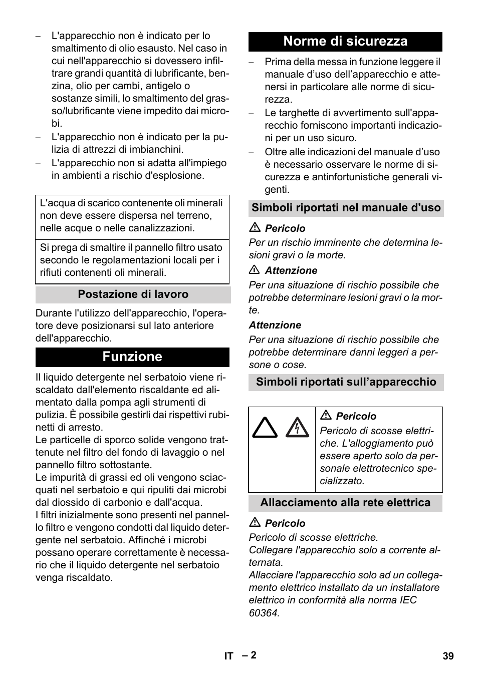 Funzione norme di sicurezza | Karcher PC 100 M2 BIO User Manual | Page 39 / 232