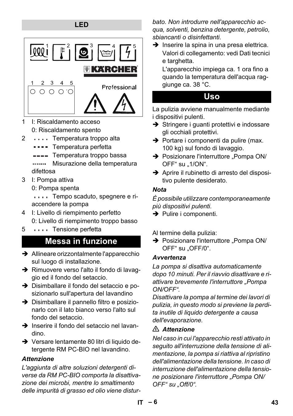 Messa in funzione uso | Karcher PC 100 M2 BIO User Manual | Page 43 / 232