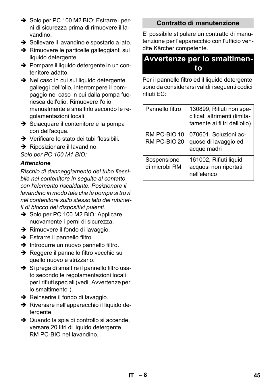 Avvertenze per lo smaltimen- to | Karcher PC 100 M2 BIO User Manual | Page 45 / 232