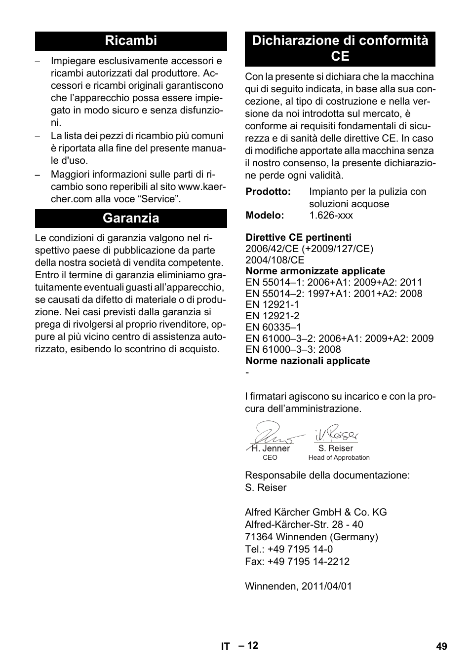 Ricambi garanzia dichiarazione di conformità ce | Karcher PC 100 M2 BIO User Manual | Page 49 / 232