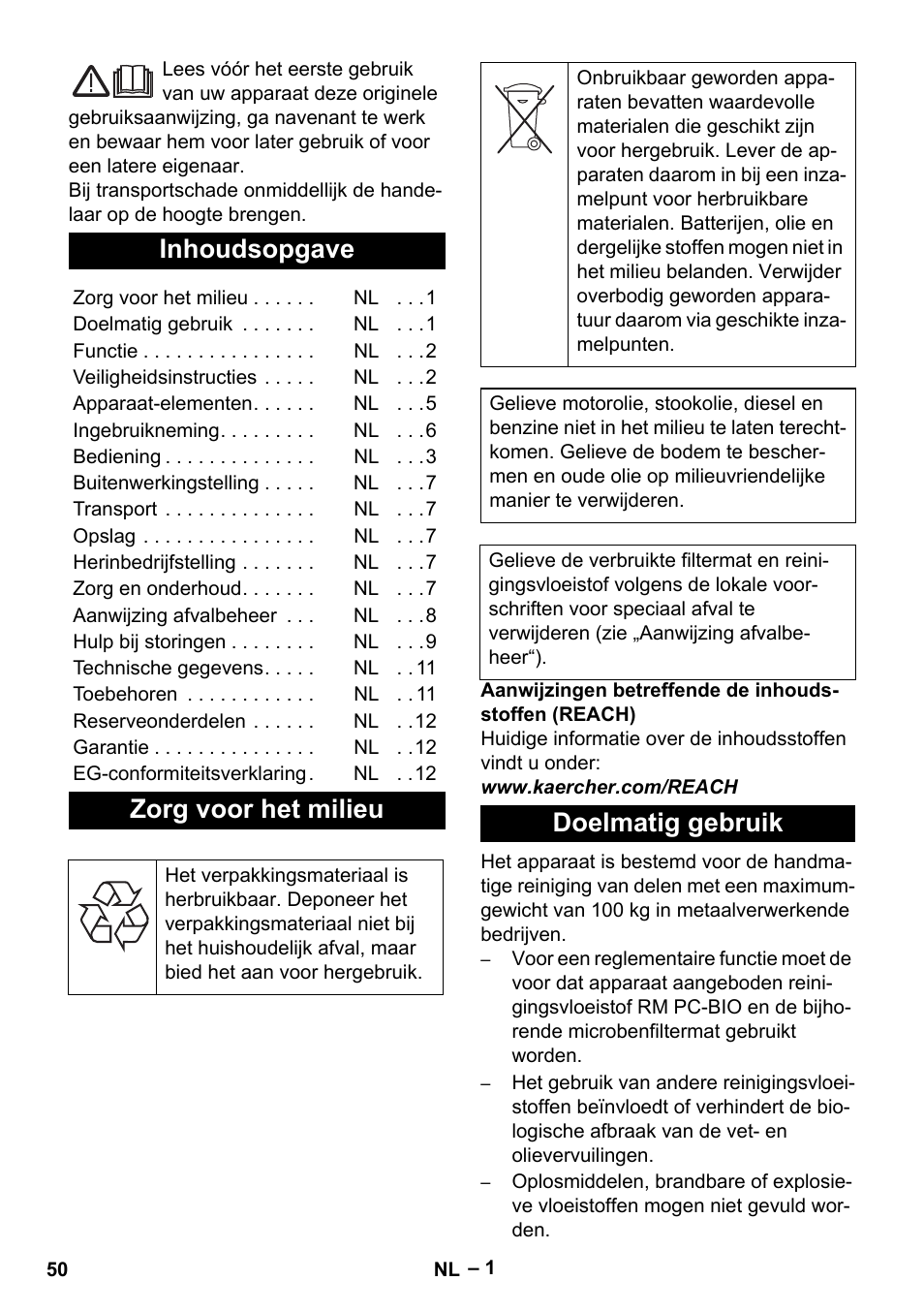 Nederlands, Inhoudsopgave, Zorg voor het milieu | Doelmatig gebruik | Karcher PC 100 M2 BIO User Manual | Page 50 / 232