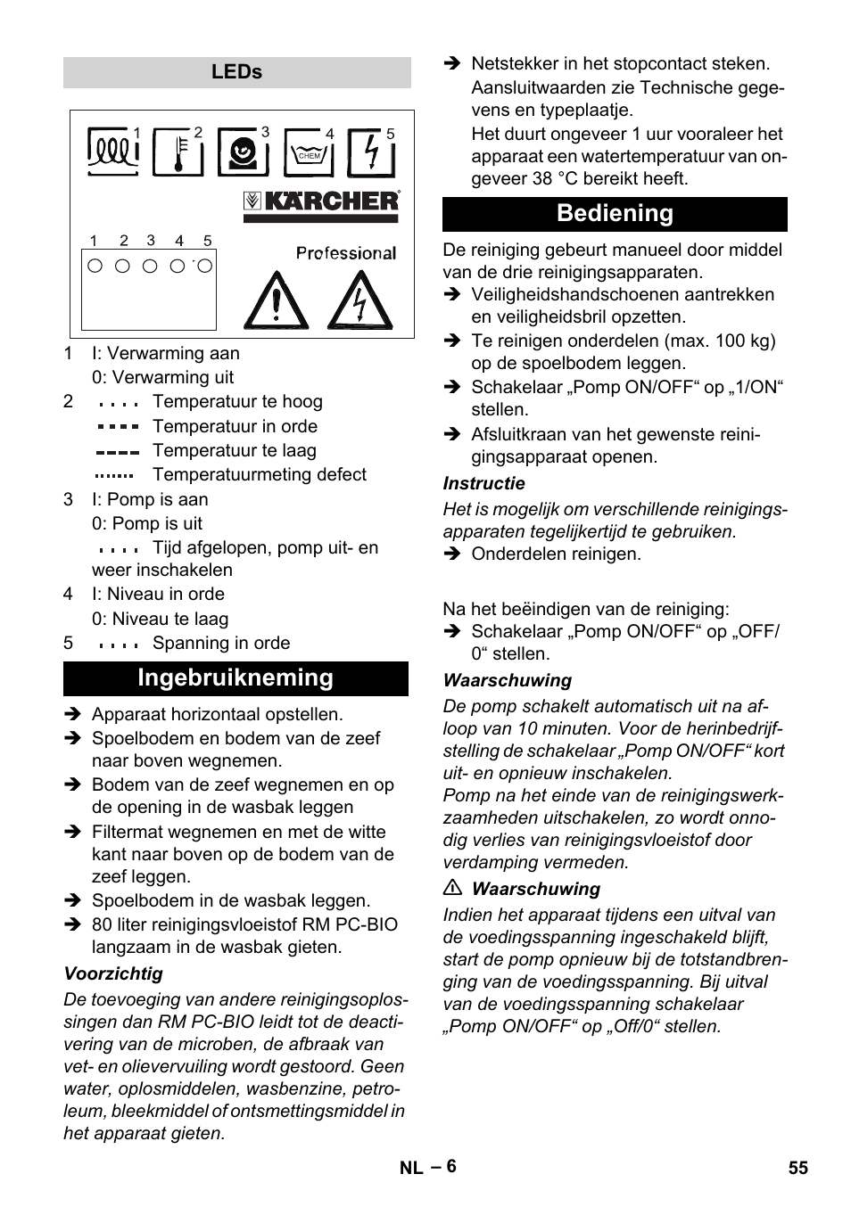 Ingebruikneming bediening | Karcher PC 100 M2 BIO User Manual | Page 55 / 232