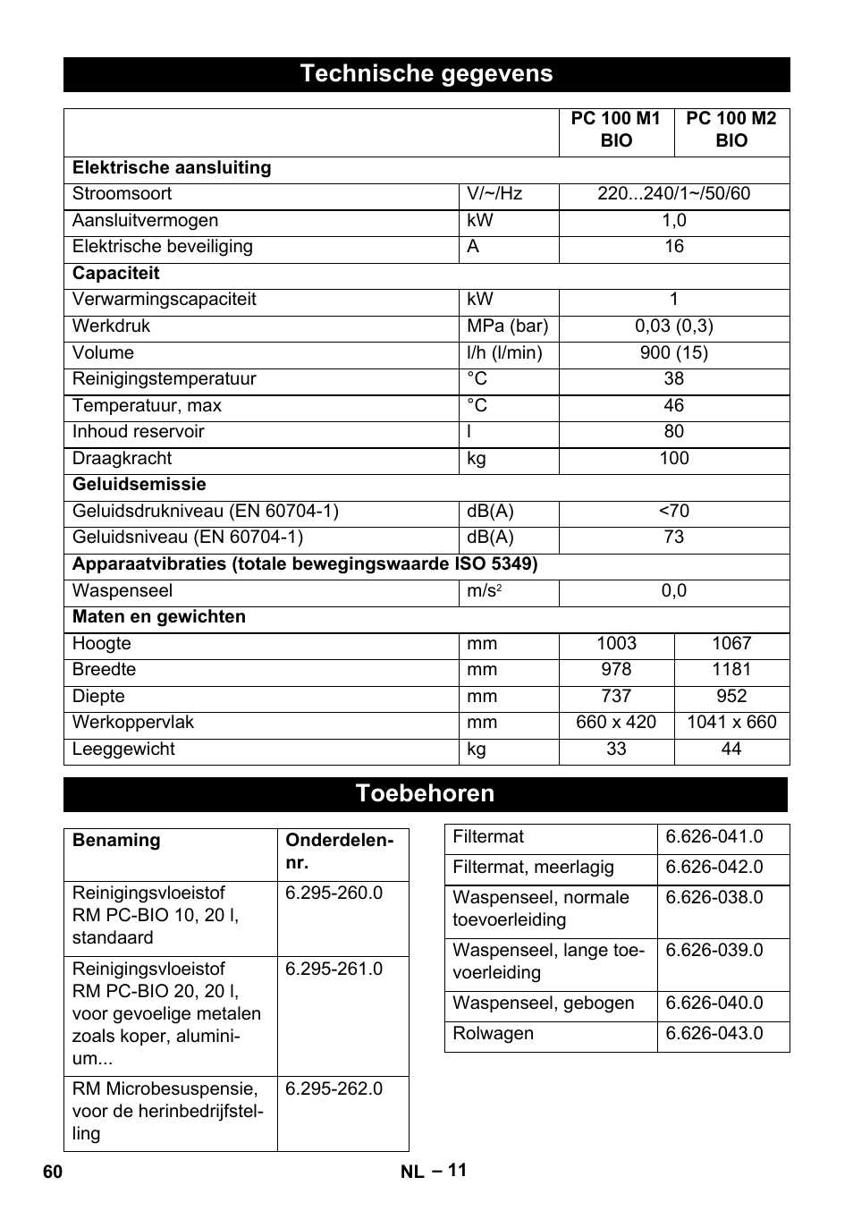 Technische gegevens, Toebehoren | Karcher PC 100 M2 BIO User Manual | Page 60 / 232