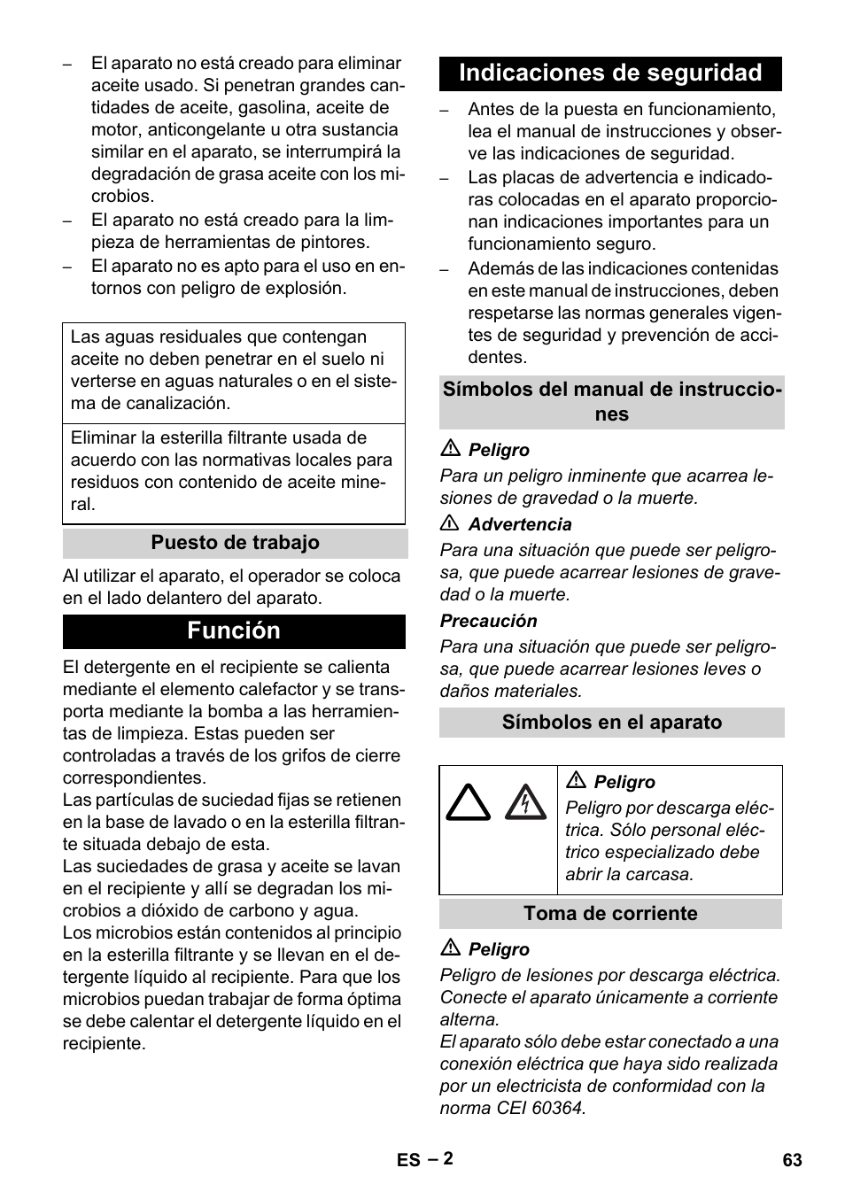 Función indicaciones de seguridad | Karcher PC 100 M2 BIO User Manual | Page 63 / 232