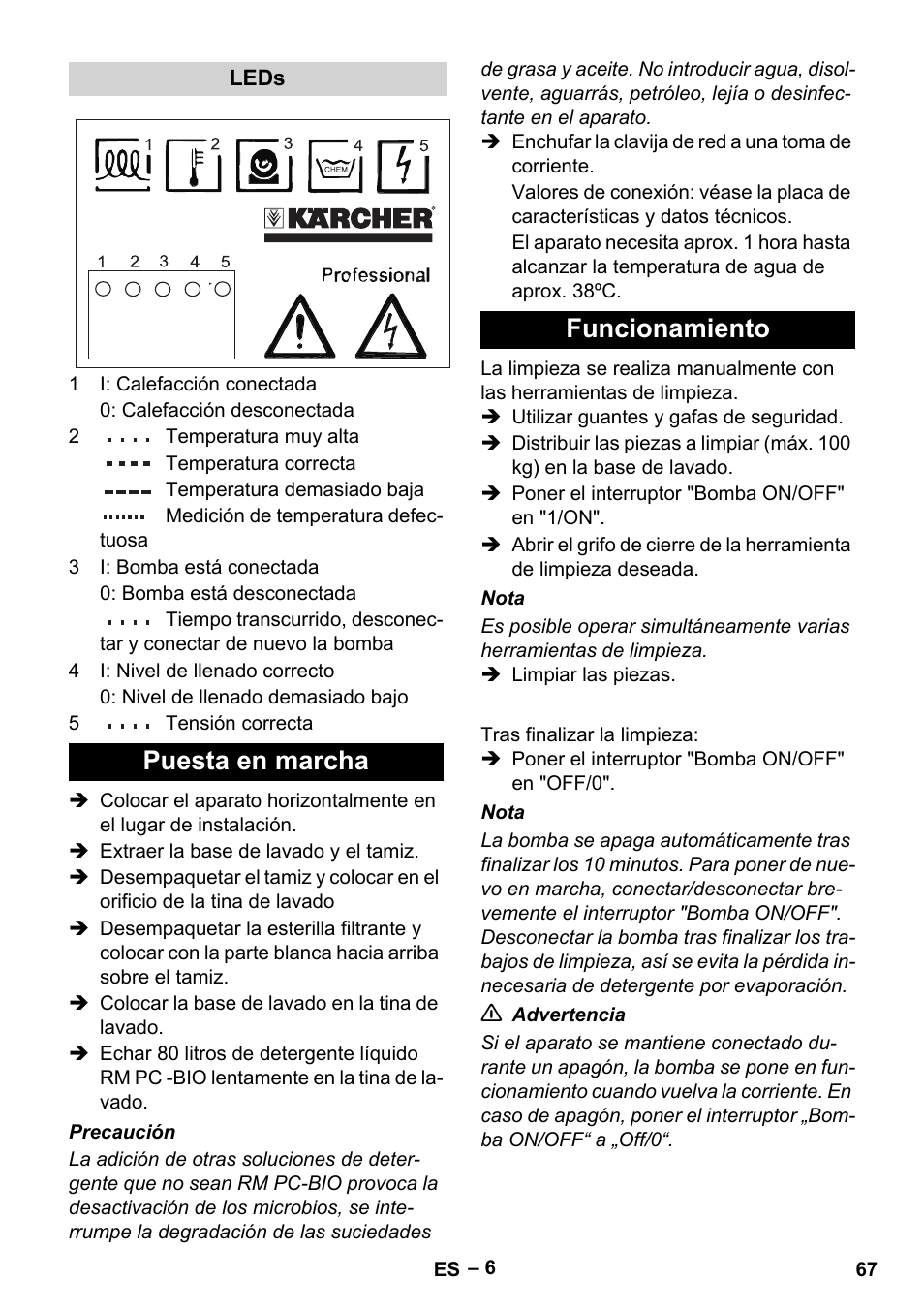 Puesta en marcha funcionamiento | Karcher PC 100 M2 BIO User Manual | Page 67 / 232