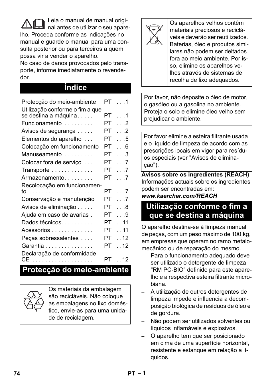 Português, Índice, Protecção do meio-ambiente | Karcher PC 100 M2 BIO User Manual | Page 74 / 232