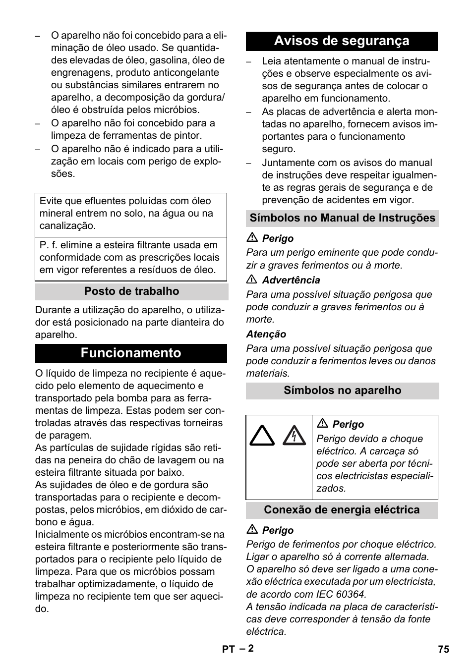 Funcionamento avisos de segurança | Karcher PC 100 M2 BIO User Manual | Page 75 / 232