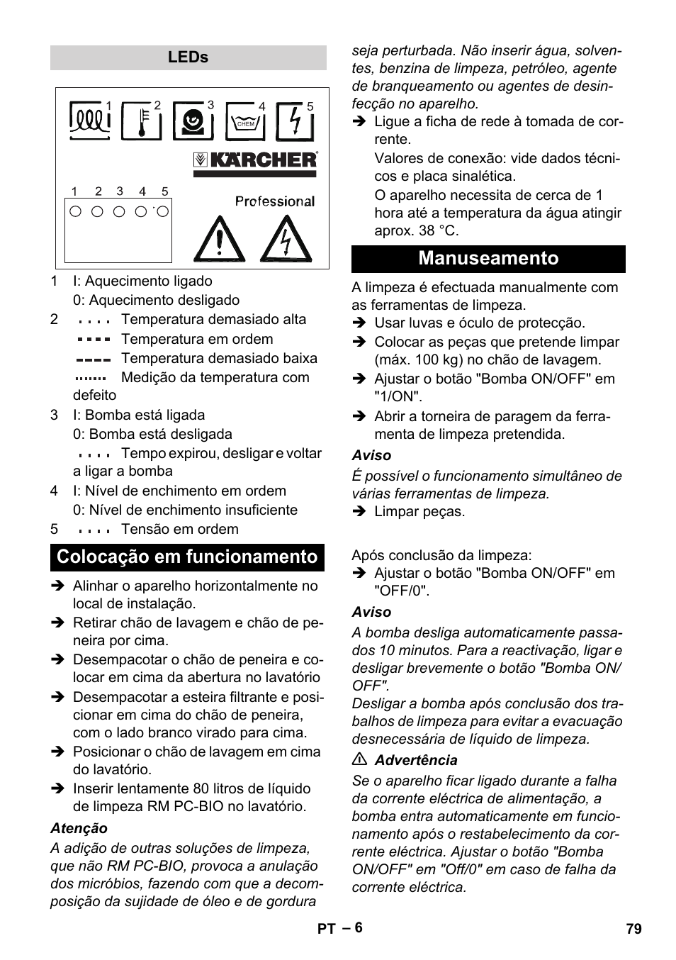 Colocação em funcionamento manuseamento | Karcher PC 100 M2 BIO User Manual | Page 79 / 232