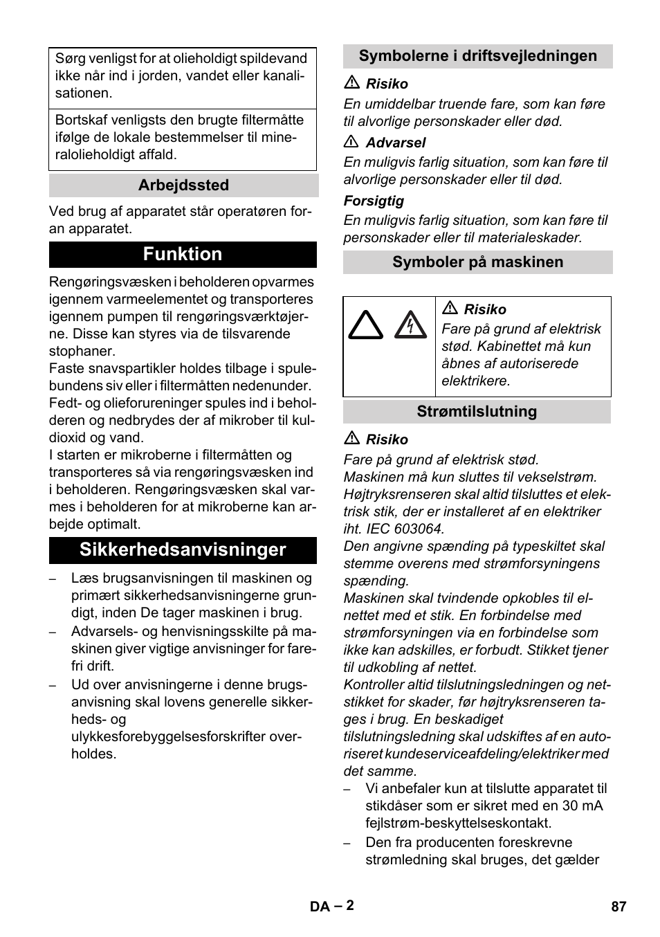 Funktion sikkerhedsanvisninger | Karcher PC 100 M2 BIO User Manual | Page 87 / 232