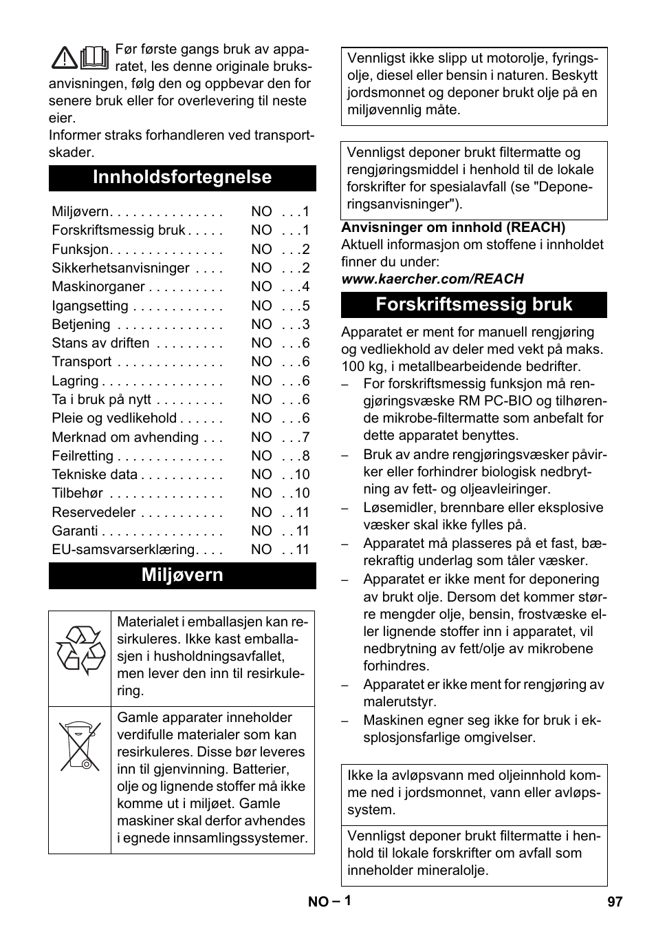 Norsk, Innholdsfortegnelse, Miljøvern | Forskriftsmessig bruk | Karcher PC 100 M2 BIO User Manual | Page 97 / 232