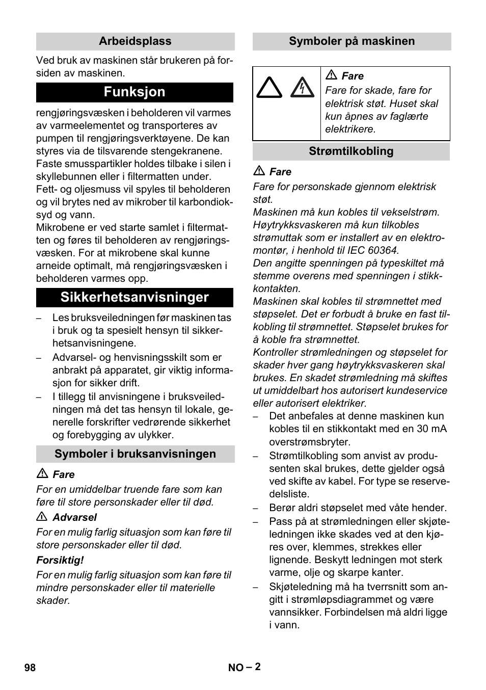 Funksjon sikkerhetsanvisninger | Karcher PC 100 M2 BIO User Manual | Page 98 / 232