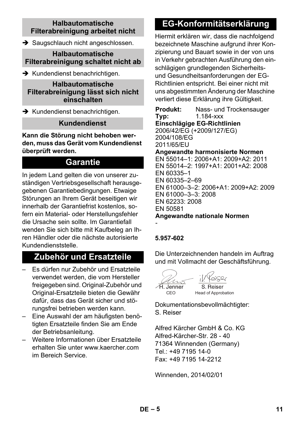 Halbautomatische filterabreinigung arbeitet nicht, Kundendienst, Garantie | Zubehör und ersatzteile, Eg-konformitätserklärung | Karcher NT 25-1 Ap User Manual | Page 11 / 180