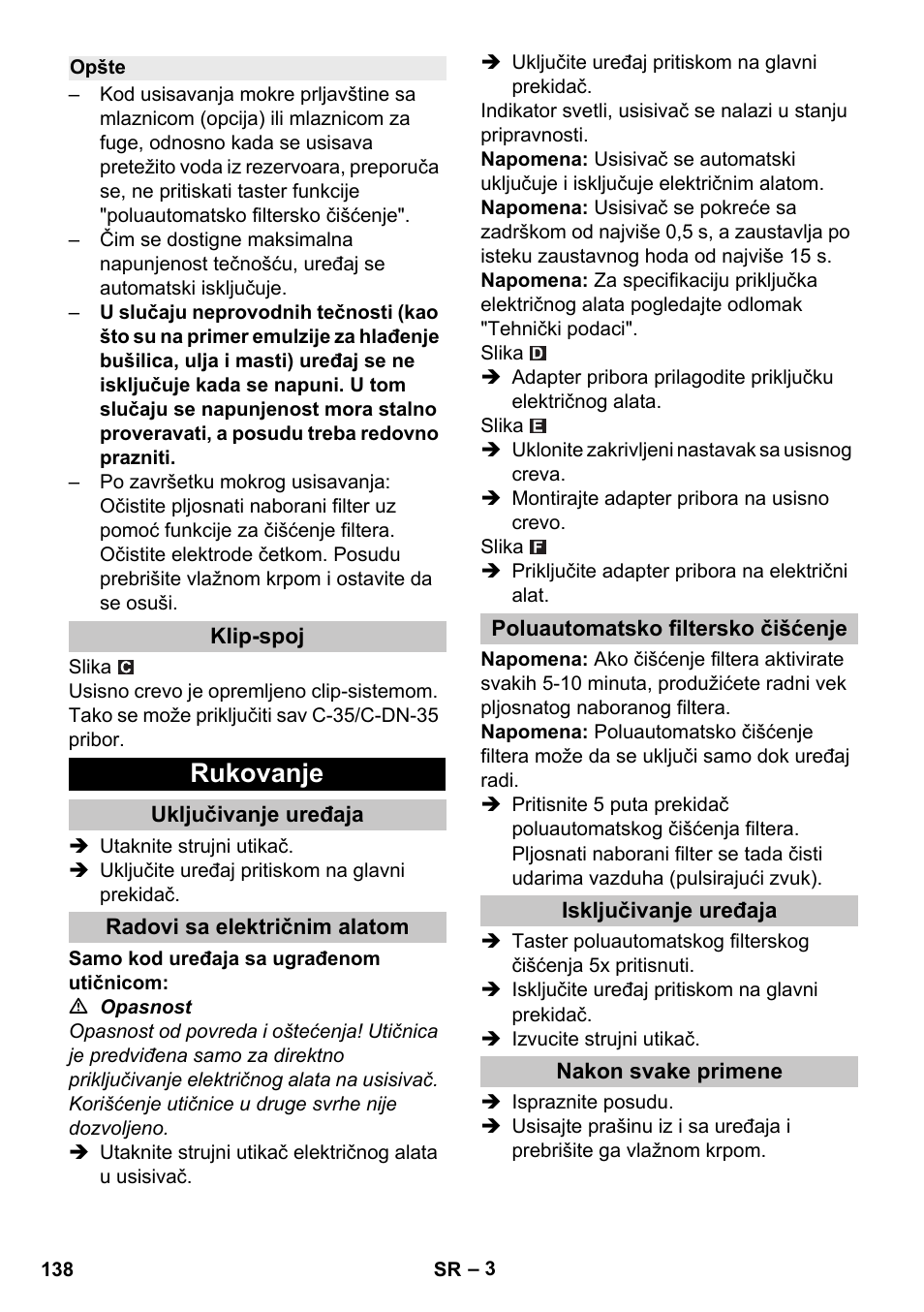 Opšte, Klip-spoj, Rukovanje | Uključivanje uređaja, Radovi sa električnim alatom, Poluautomatsko filtersko čišćenje, Isključivanje uređaja, Nakon svake primene | Karcher NT 25-1 Ap User Manual | Page 138 / 180