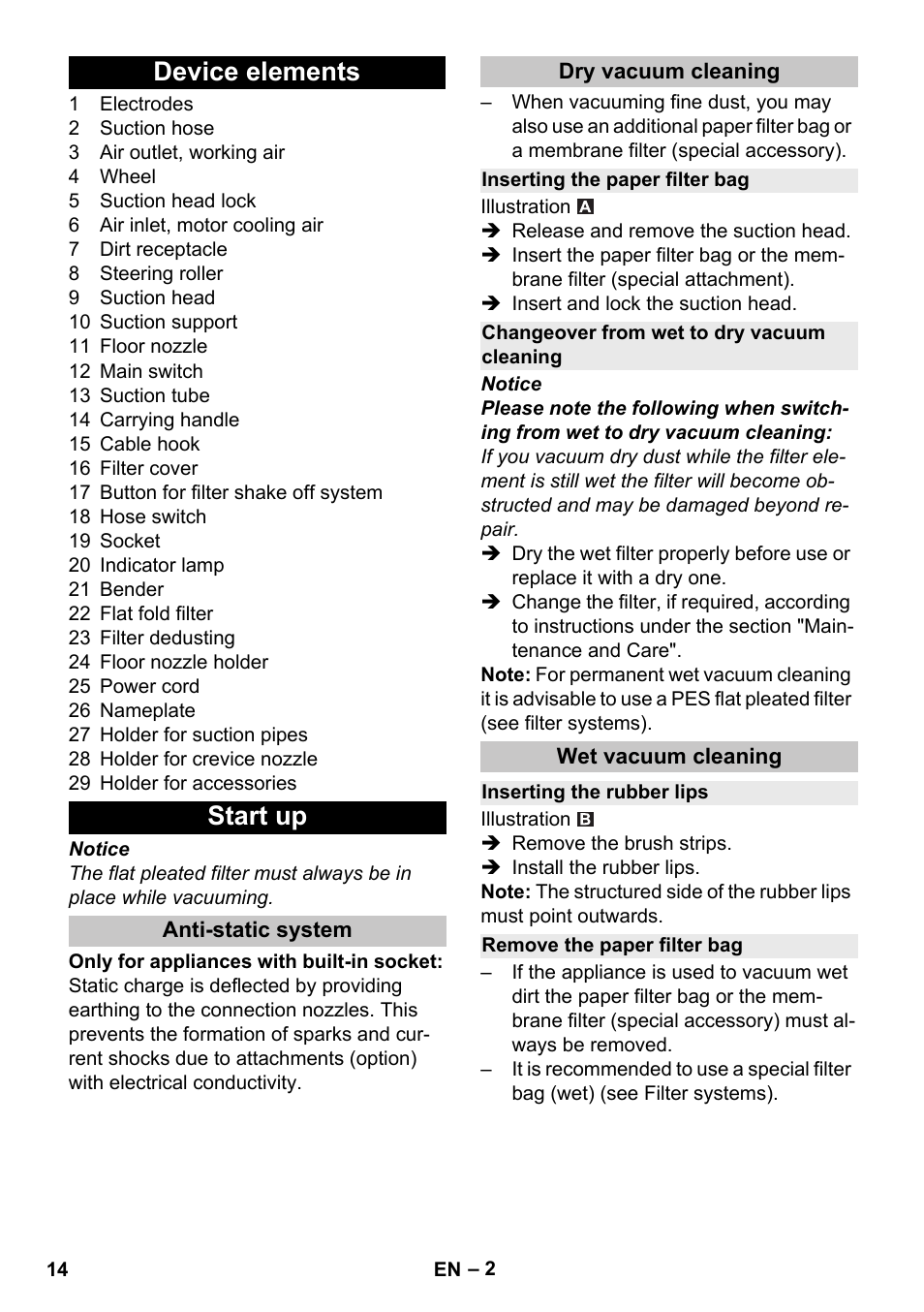 Device elements, Start up, Anti-static system | Dry vacuum cleaning, Inserting the paper filter bag, Changeover from wet to dry vacuum cleaning, Wet vacuum cleaning, Inserting the rubber lips, Remove the paper filter bag, Device elements start up | Karcher NT 25-1 Ap User Manual | Page 14 / 180