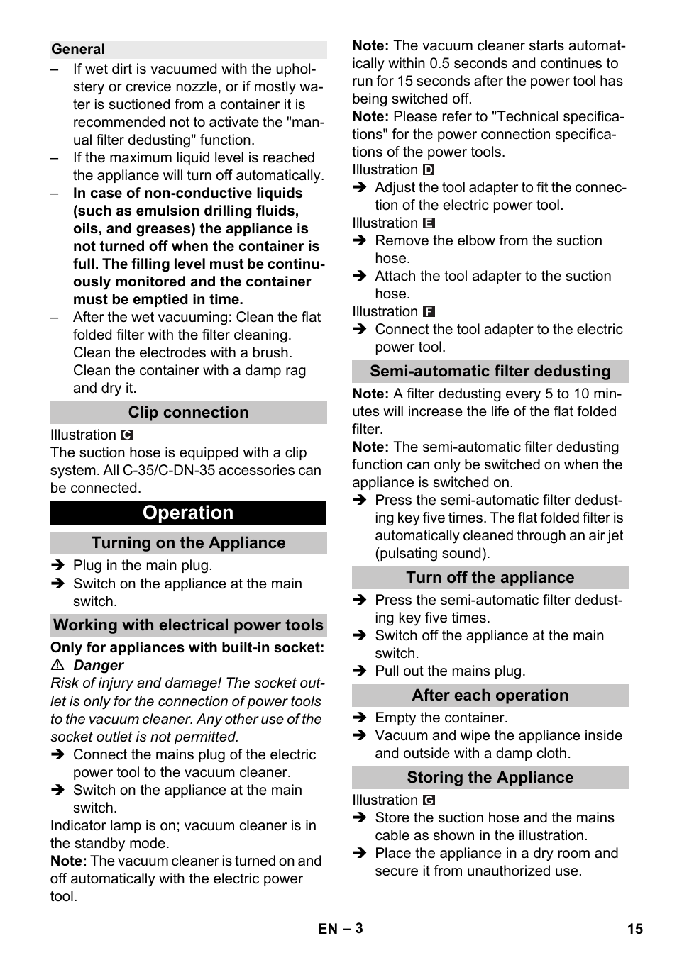 General, Clip connection, Operation | Turning on the appliance, Working with electrical power tools, Semi-automatic filter dedusting, Turn off the appliance, After each operation, Storing the appliance | Karcher NT 25-1 Ap User Manual | Page 15 / 180