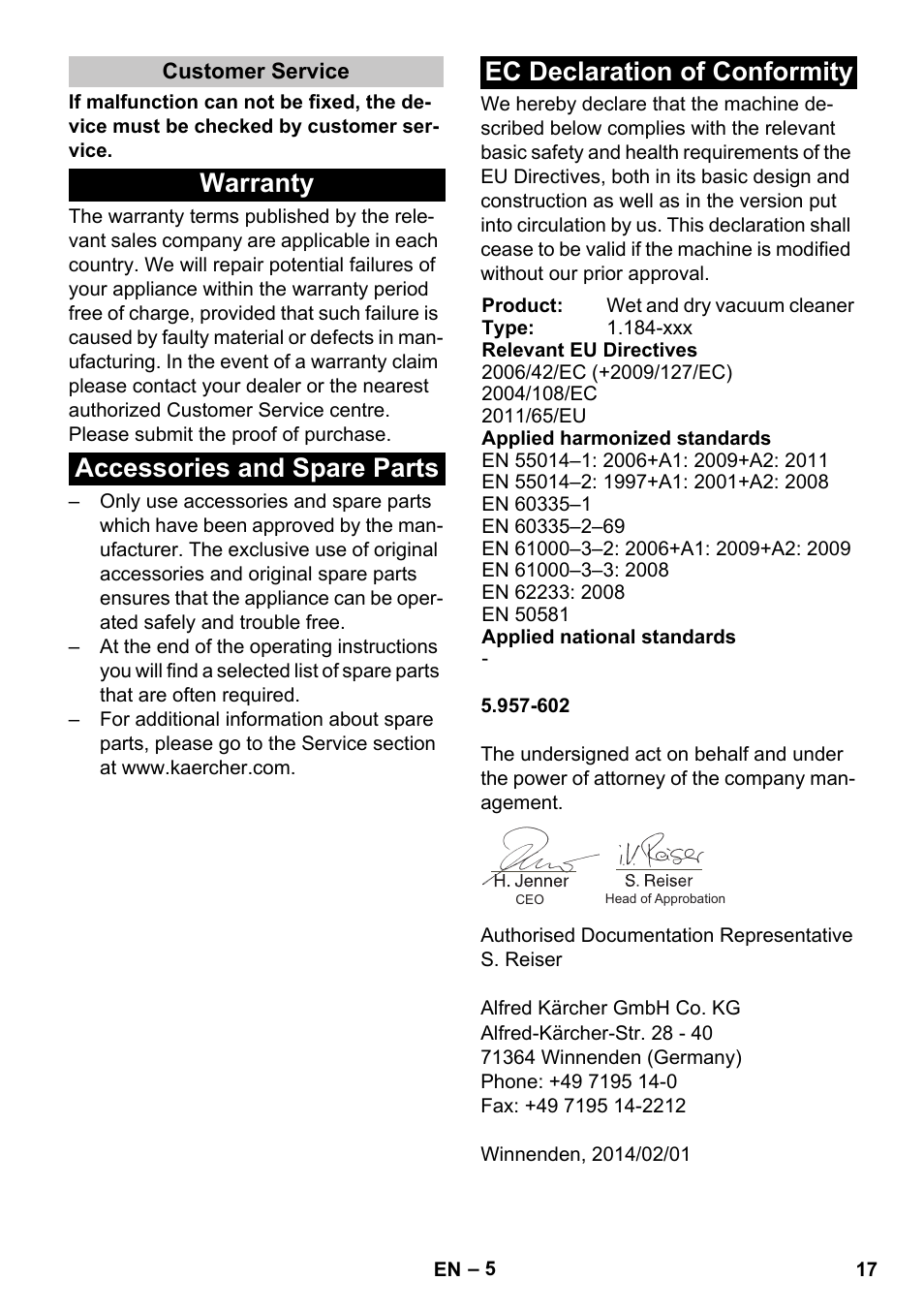 Customer service, Warranty, Accessories and spare parts | Ec declaration of conformity | Karcher NT 25-1 Ap User Manual | Page 17 / 180