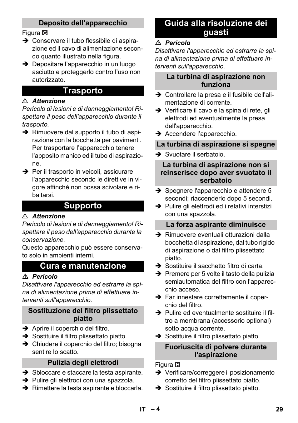 Deposito dell’apparecchio, Trasporto, Supporto | Cura e manutenzione, Sostituzione del filtro plissettato piatto, Pulizia degli elettrodi, Guida alla risoluzione dei guasti, La turbina di aspirazione non funziona, La turbina di aspirazione si spegne, La forza aspirante diminuisce | Karcher NT 25-1 Ap User Manual | Page 29 / 180