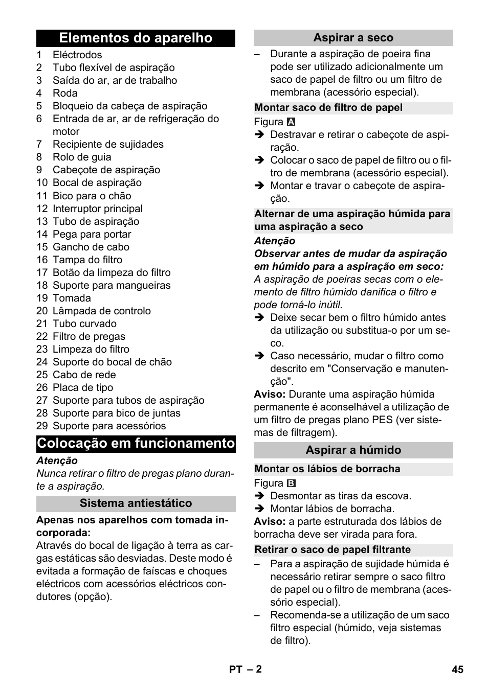 Elementos do aparelho, Colocação em funcionamento, Sistema antiestático | Aspirar a seco, Montar saco de filtro de papel, Aspirar a húmido, Montar os lábios de borracha, Retirar o saco de papel filtrante, Elementos do aparelho colocação em funcionamento | Karcher NT 25-1 Ap User Manual | Page 45 / 180