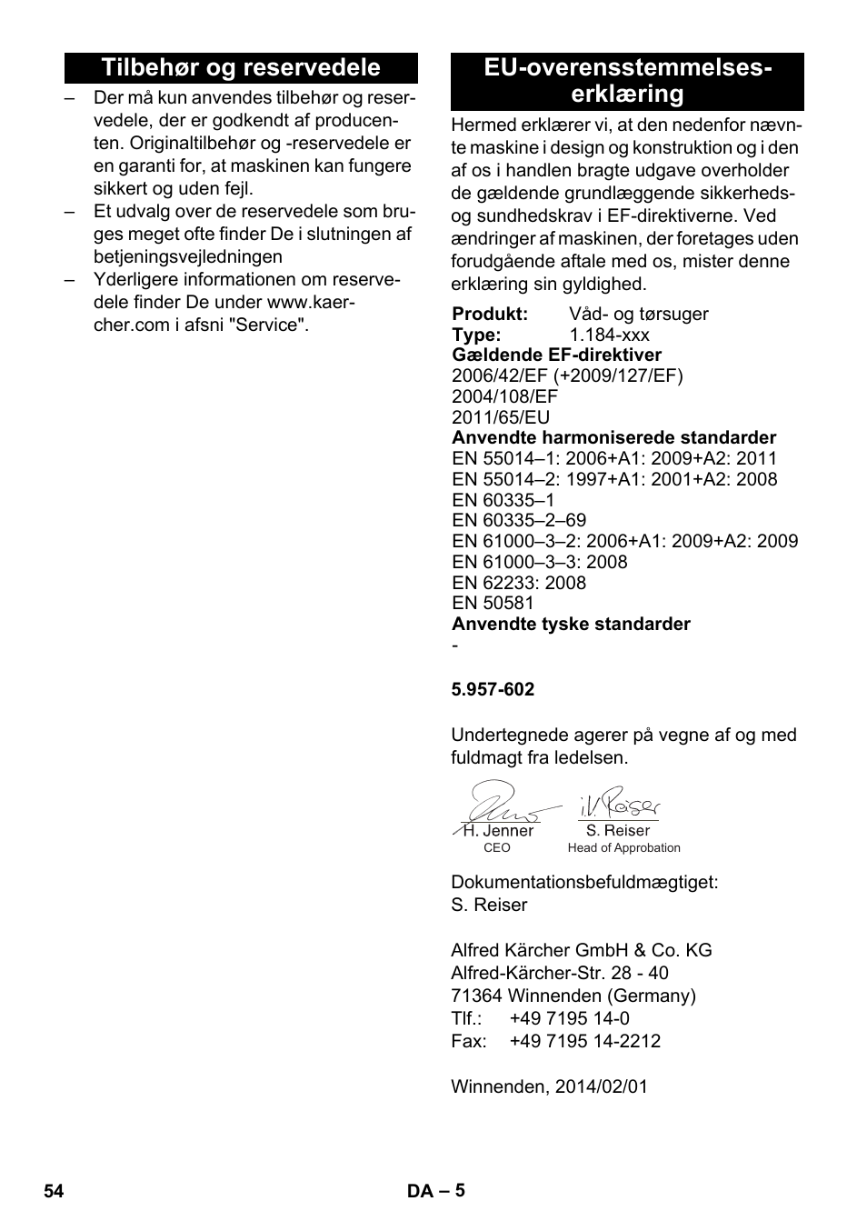 Tilbehør og reservedele, Eu-overensstemmelses- erklæring | Karcher NT 25-1 Ap User Manual | Page 54 / 180