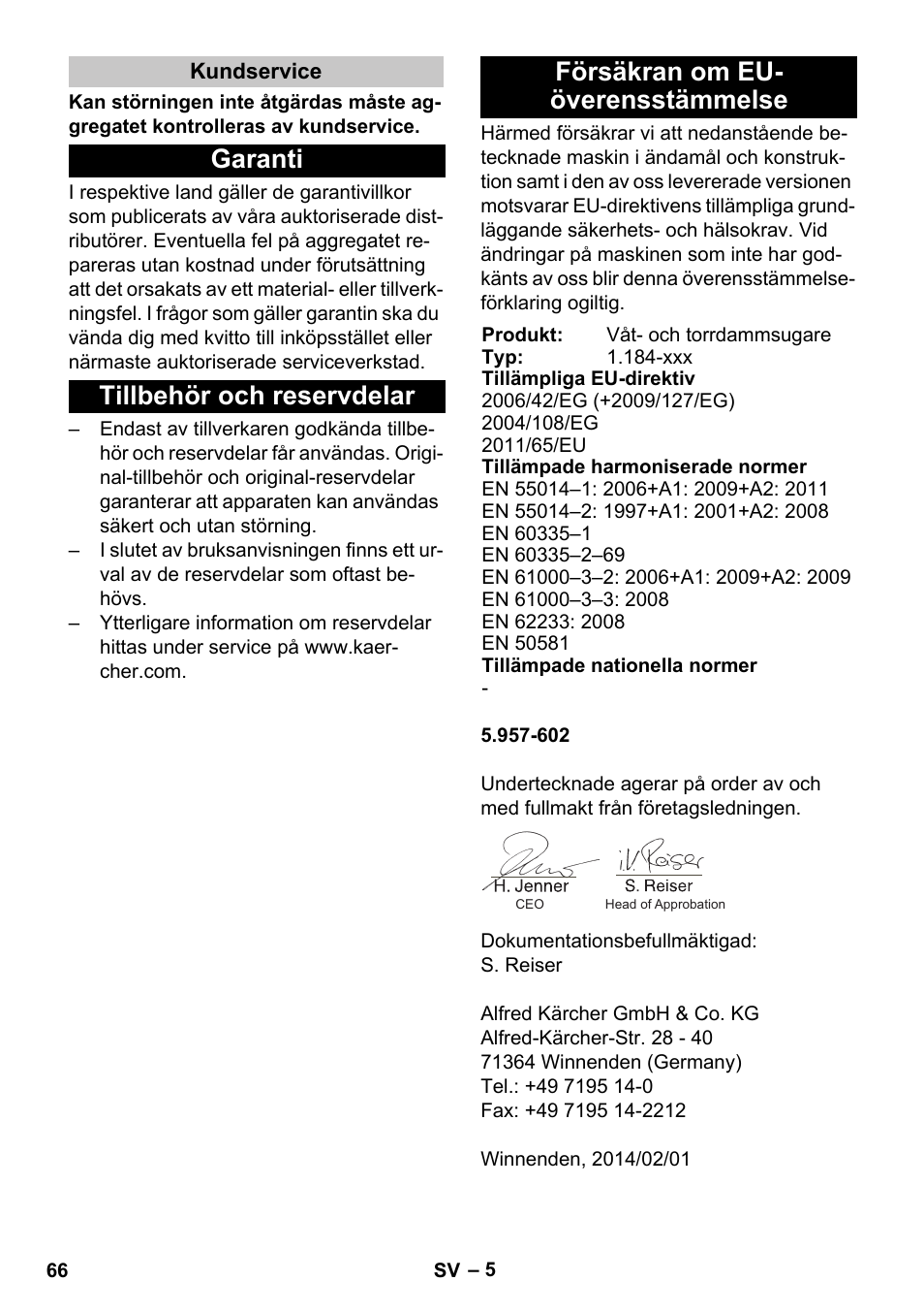 Kundservice, Garanti, Tillbehör och reservdelar | Försäkran om eu- överensstämmelse | Karcher NT 25-1 Ap User Manual | Page 66 / 180