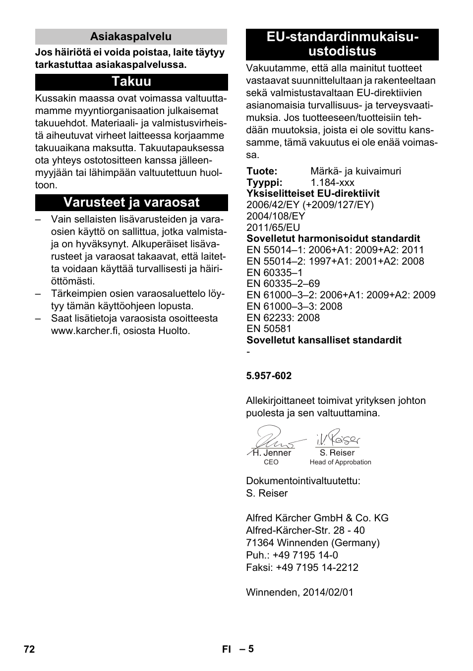 Asiakaspalvelu, Takuu, Varusteet ja varaosat | Eu-standardinmukaisu- ustodistus | Karcher NT 25-1 Ap User Manual | Page 72 / 180