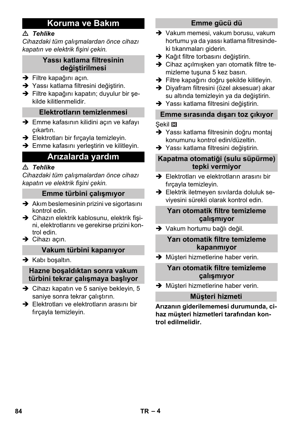 Koruma ve bakım, Yassı katlama filtresinin değiştirilmesi, Elektrotların temizlenmesi | Arızalarda yardım, Emme türbini çalışmıyor, Vakum türbini kapanıyor, Emme gücü dü, Emme sırasında dışarı toz çıkıyor, Kapatma otomatiği (sulu süpürme) tepki vermiyor, Yarı otomatik filtre temizleme çalışmıyor | Karcher NT 25-1 Ap User Manual | Page 84 / 180