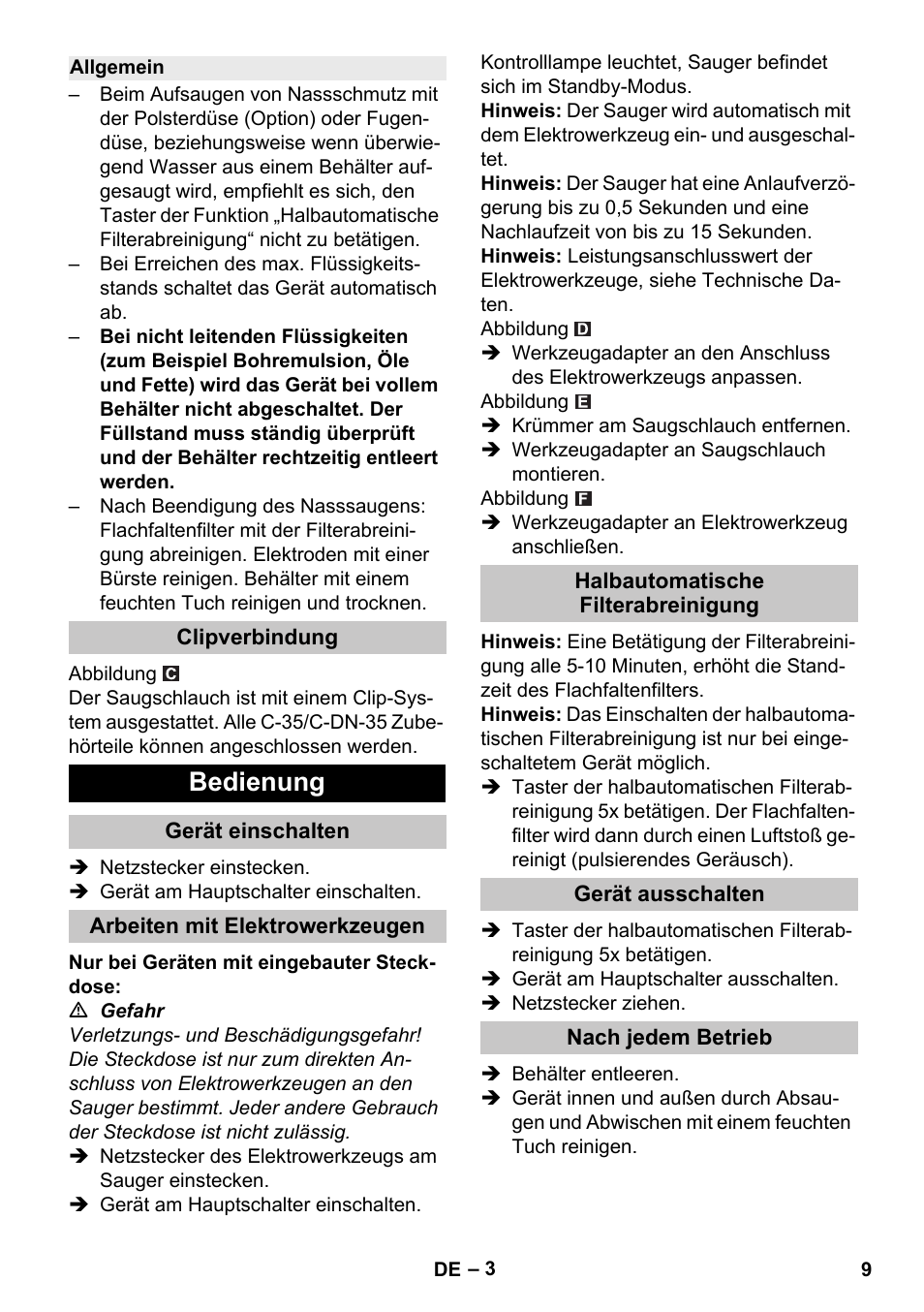 Allgemein, Clipverbindung, Bedienung | Gerät einschalten, Arbeiten mit elektrowerkzeugen, Halbautomatische filterabreinigung, Gerät ausschalten, Nach jedem betrieb | Karcher NT 25-1 Ap User Manual | Page 9 / 180