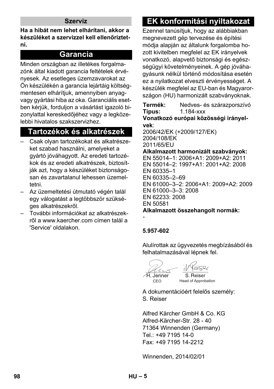 Szerviz, Garancia, Tartozékok és alkatrészek | Ek konformitási nyiltakozat | Karcher NT 25-1 Ap User Manual | Page 98 / 180