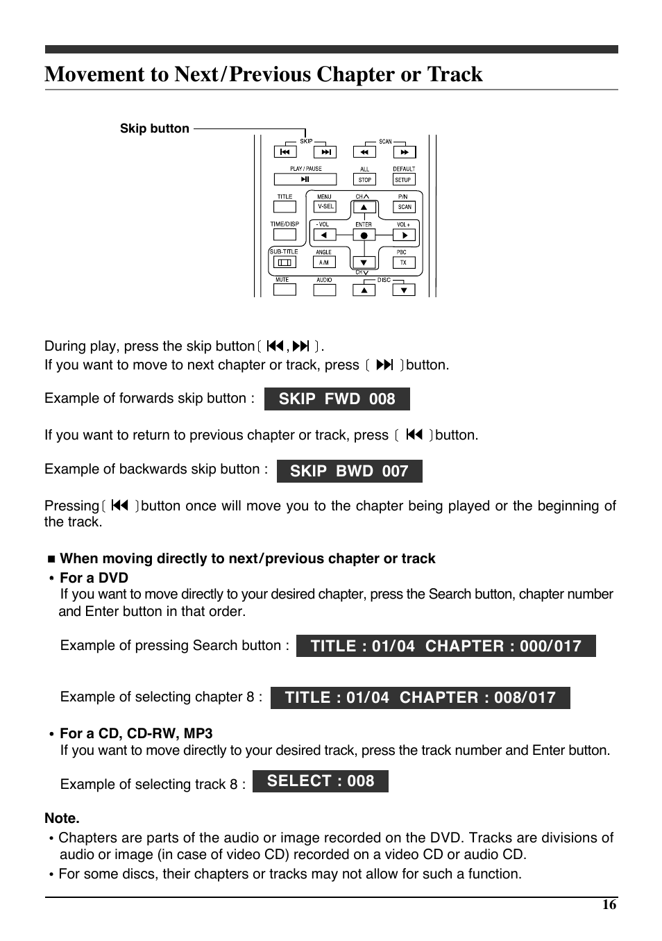 Movement to next/ previous chapter or track | Audiovox PAV6D User Manual | Page 19 / 58