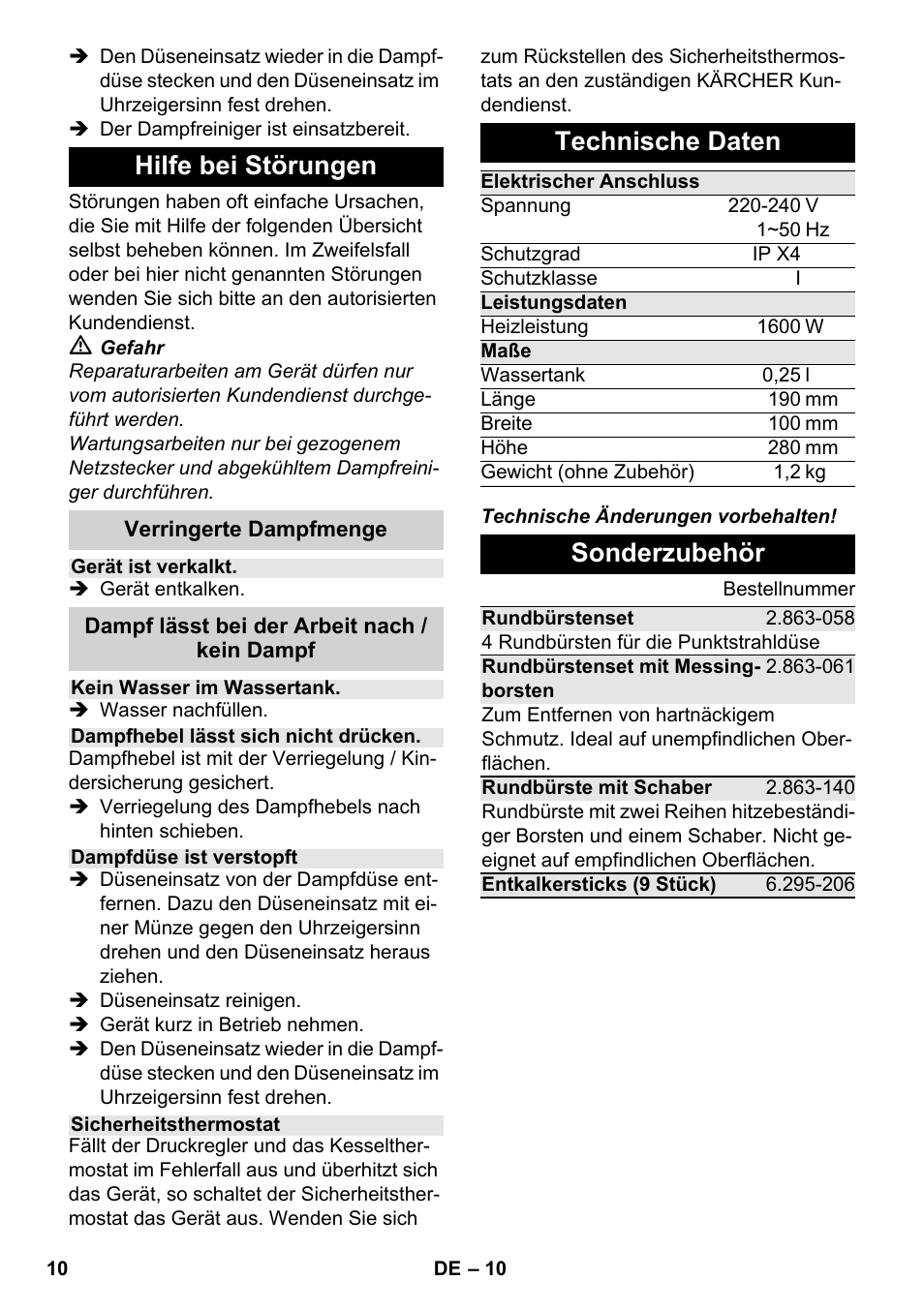 Hilfe bei störungen, Technische daten, Sonderzubehör | Karcher SC 952 User Manual | Page 10 / 198