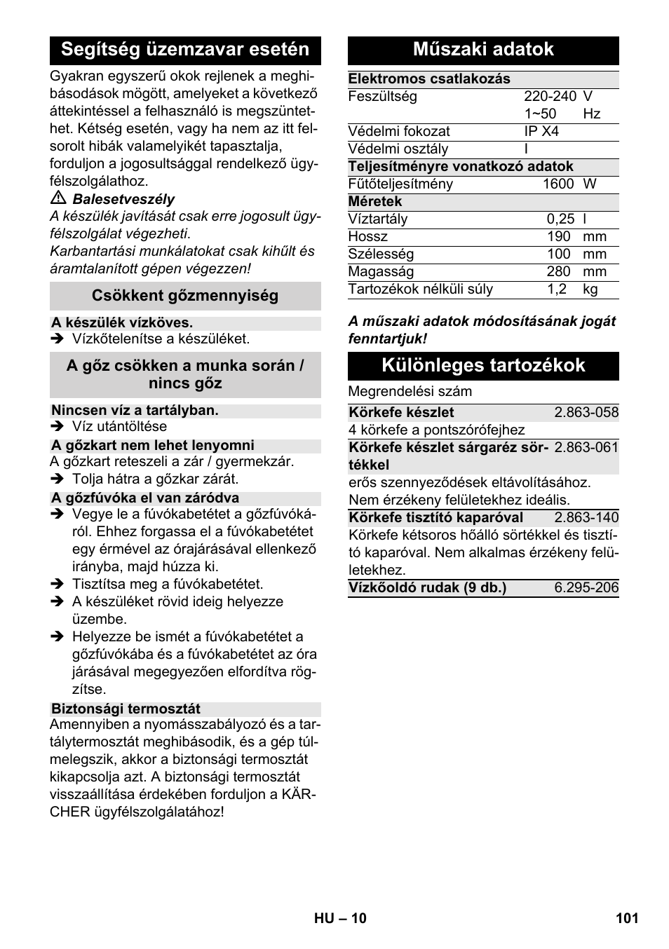 Segítség üzemzavar esetén, Műszaki adatok, Különleges tartozékok | Karcher SC 952 User Manual | Page 101 / 198