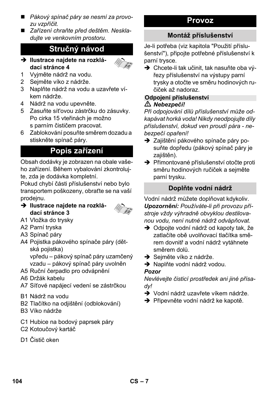 Stručný návod popis zařízení, Provoz | Karcher SC 952 User Manual | Page 104 / 198