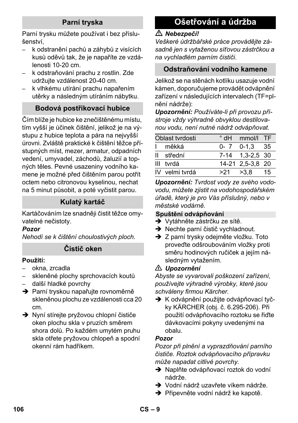 Ošetřování a údržba | Karcher SC 952 User Manual | Page 106 / 198