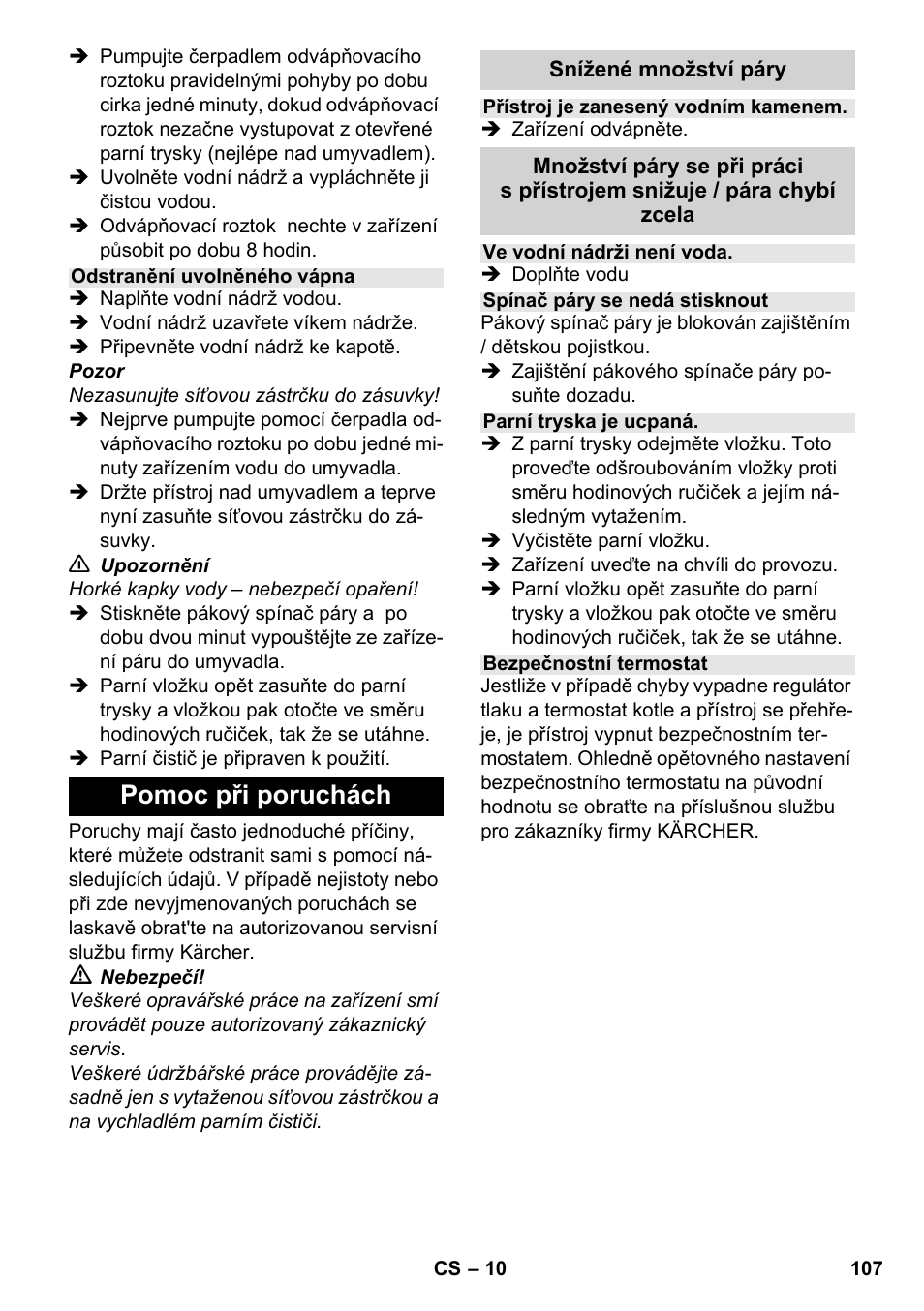 Pomoc při poruchách | Karcher SC 952 User Manual | Page 107 / 198