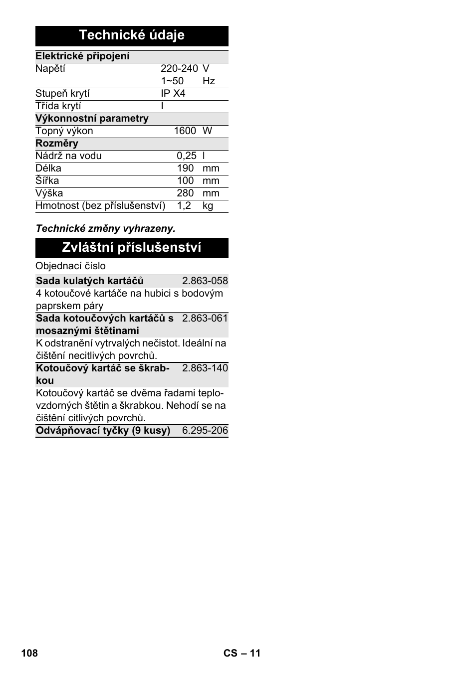 Technické údaje, Zvláštní příslušenství | Karcher SC 952 User Manual | Page 108 / 198