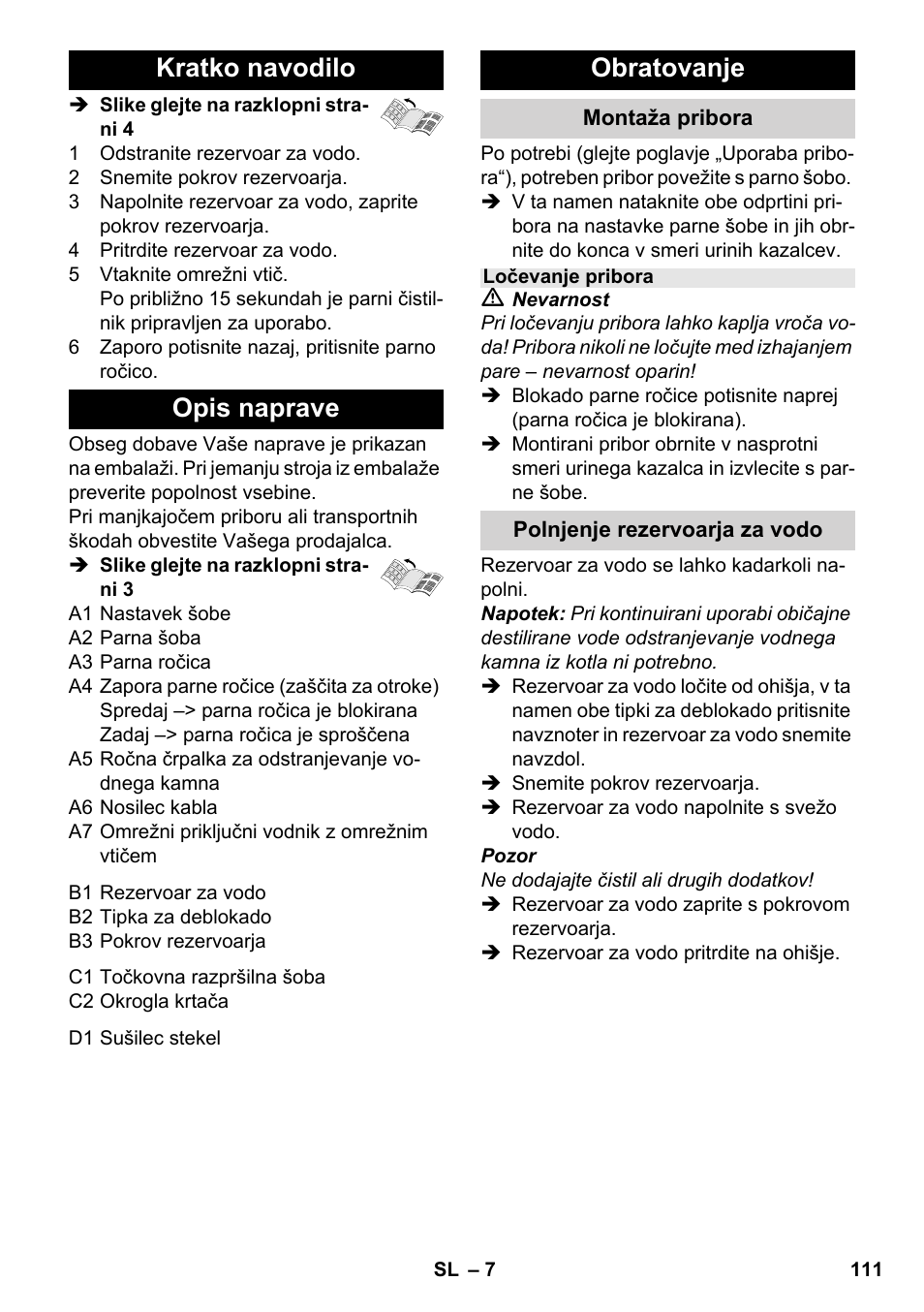 Kratko navodilo opis naprave, Obratovanje | Karcher SC 952 User Manual | Page 111 / 198