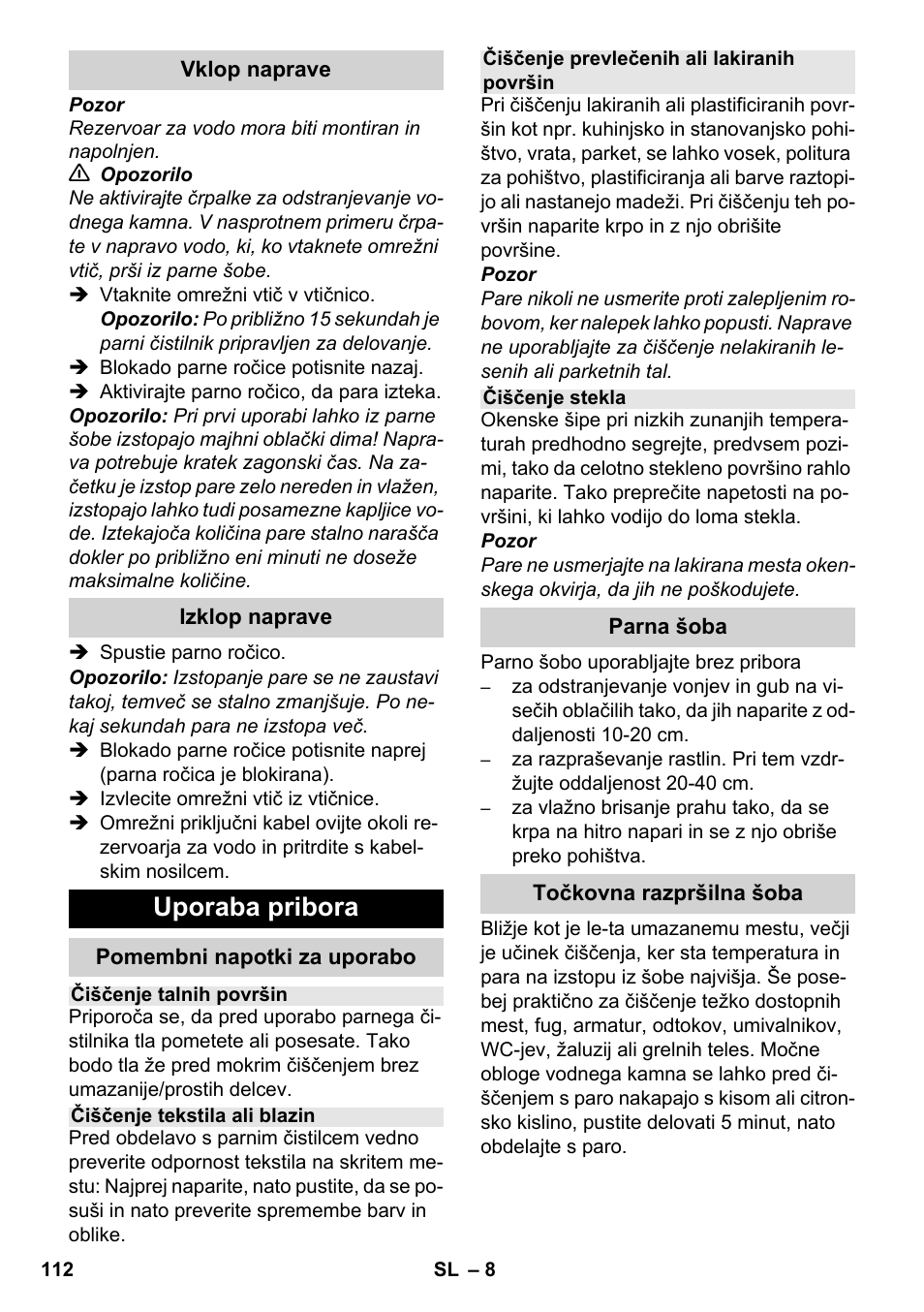 Uporaba pribora | Karcher SC 952 User Manual | Page 112 / 198